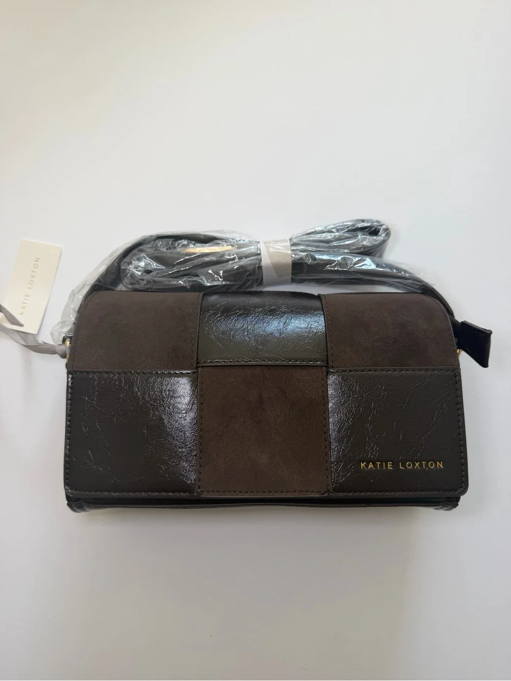 Katie Loxton Patchwork Crossbody Bag in Brown and Black Patchwork Wallet